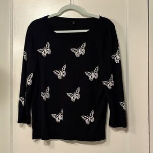 Talbots Black Butterfly Sweater, Cotton Blend 3/4 sleeves, Crew Neck Size L